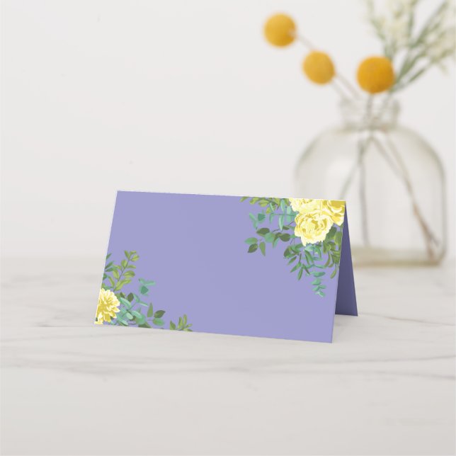 Light Yellow & Periwinkle Blue Rose Floral Wedding Place Card (Front)