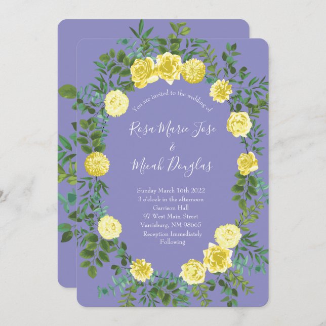 Light Yellow Periwinkle Blue Rose Wedding Invitation (Front/Back)