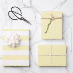 Light Yellow Polka Dot Wide Striped and Solid Wrapping Paper Sheet