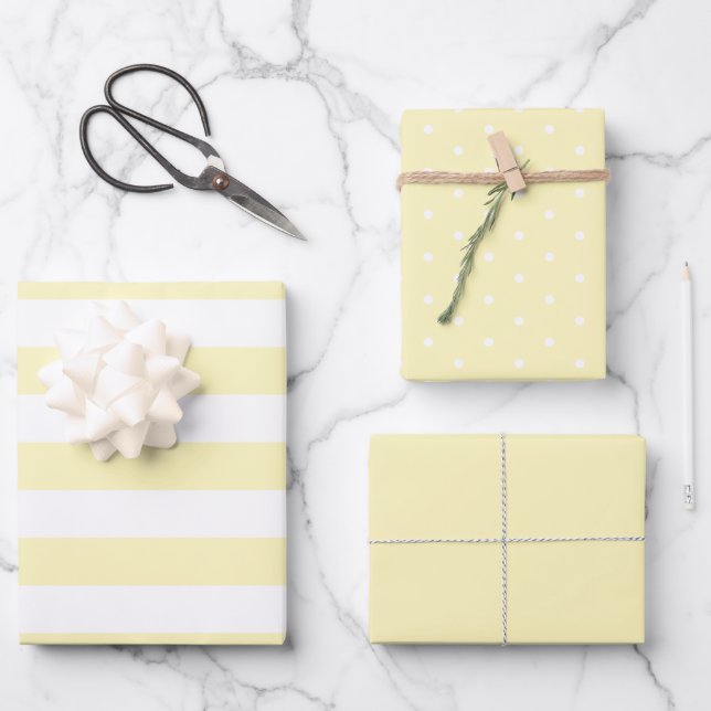 Light Yellow Polka Dot Wide Striped and Solid Wrapping Paper Sheet (Front)