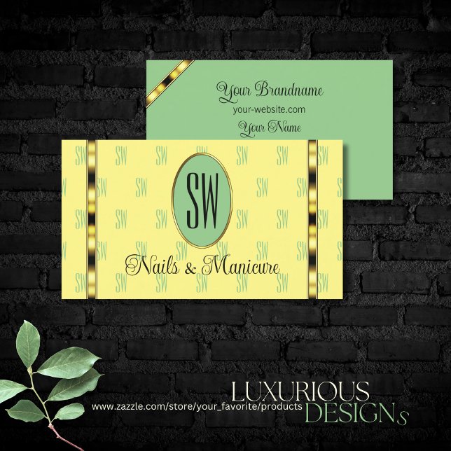 Light Yellow Sage Green with Patterned Monogram Business Card (Creator Uploaded)