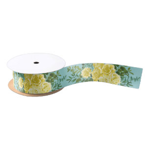 Light Yellow & Teal Aqua Rose Floral Wedding Satin Ribbon