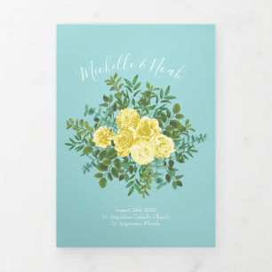 Light Yellow & Teal Aqua Rose Wedding Programs Tri-Fold Programme