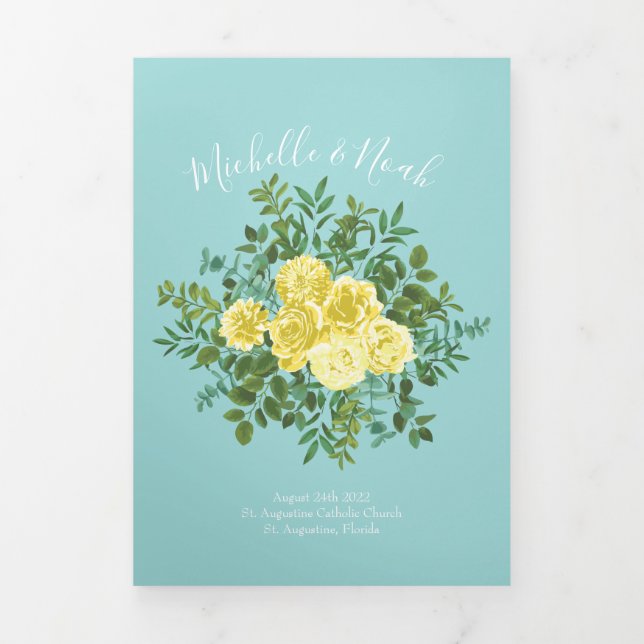 Light Yellow & Teal Aqua Rose Wedding Programs Tri-Fold Programme (Cover)