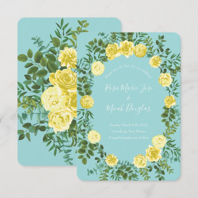 Light Yellow & Teal Aqua Rose Wedding Save Date Invitation (Front/Back)