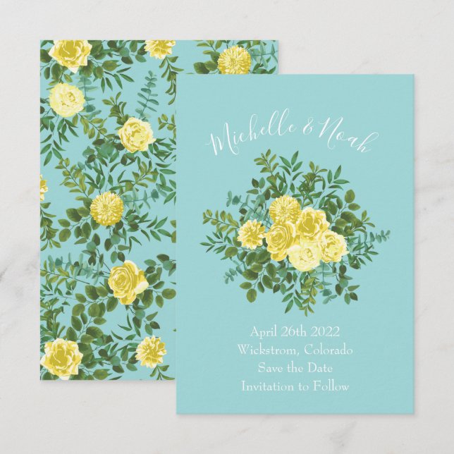 Light Yellow & Teal Aqua Rose Wedding Save Date Invitation (Front/Back)