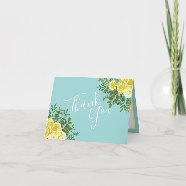 Light Yellow & Teal Aqua Rose Wedding Thank You Card (Front)