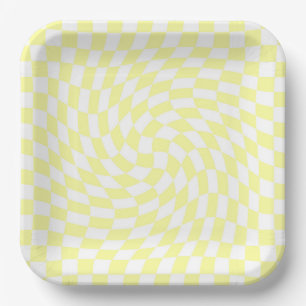 Light Yellow & White Checks Chequered Pattern Paper Plate
