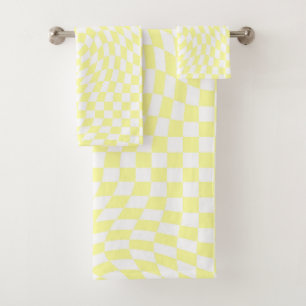 Light Yellow & White Warped Chequered Pattern Bath Towel Set