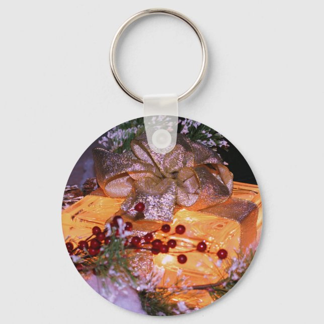 Lighted Gift Gold Bow Christmas Holiday Keychain (Front)