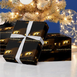 Lighted Home In Snow - Season's Greetings Wrapping Paper