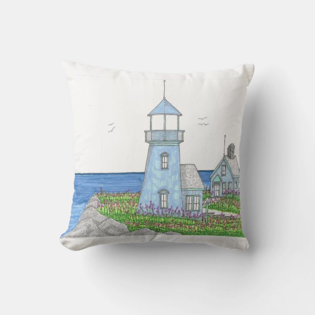 Lighthouse 10;Outdoor Pillow; Light Blue Cushion (Front)