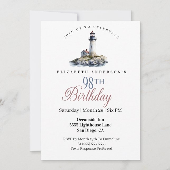 Lighthouse 98th Birthday Invitation (Front)
