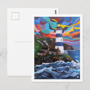 Lighthouse Above the Waves Painting by Alfred Fox Postcard