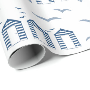 Lighthouse and Beach Cottage Blue White Nautical Wrapping Paper
