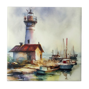 Lighthouse and boats Watercolor Art Tile