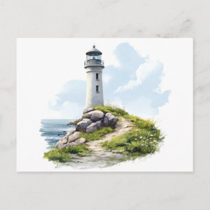 Lighthouse and Nature Scene Watercolor Postcard