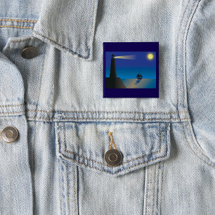 Lighthouse and Sailboat at Night Moonlit Ocean 15 Cm Square Badge