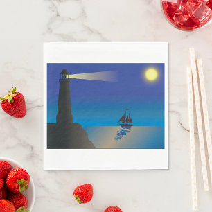 Lighthouse and Sailboat at Night Moonlit Ocean Napkin