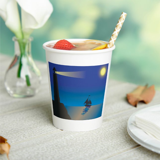 Lighthouse and Sailboat at Night Moonlit Ocean Paper Cups (Creator Uploaded)
