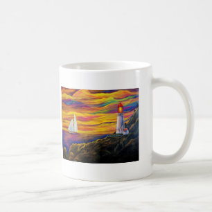 Lighthouse and Sailboat at Sunset Ocean Mug