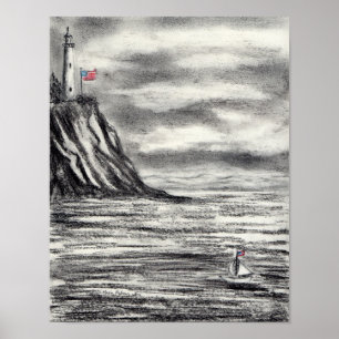 Lighthouse and Sailboat charcoal drawing Poster