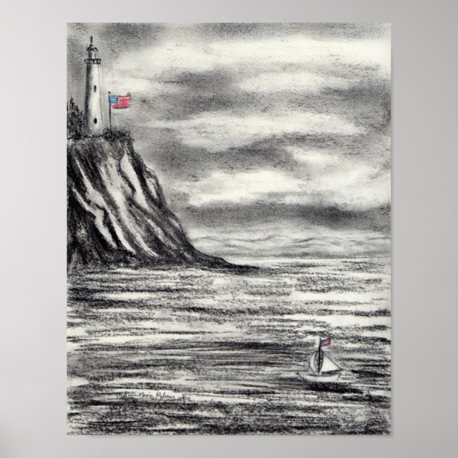 Lighthouse and Sailboat charcoal drawing Poster (Front)