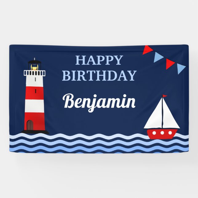 Lighthouse and Sailboat Nautical Birthday Party Banner (Horizontal)