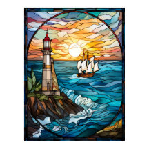 Lighthouse and Sailing Ship Stained Glass Window