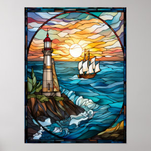 Lighthouse and Sailing Ship Stained Glass Window Poster