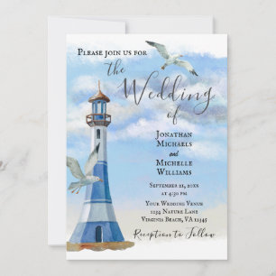 Lighthouse and Seagulls All In One Beach Wedding Invitation
