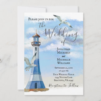 Lighthouse and Seagulls Nautical Beach Wedding Invitation