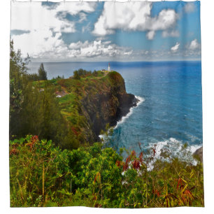 LIGHTHOUSE AND SPARKLING CERULEAN OCEAN SHOWER CURTAIN