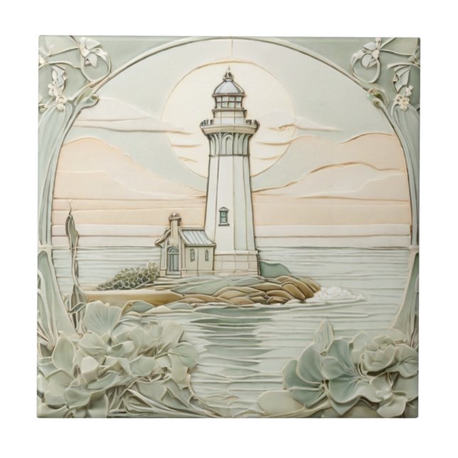 Lighthouse Art Nouveau Faux Relief Pastel Mint Tile (Front)