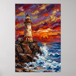Lighthouse at Dramatic Sunset Poster