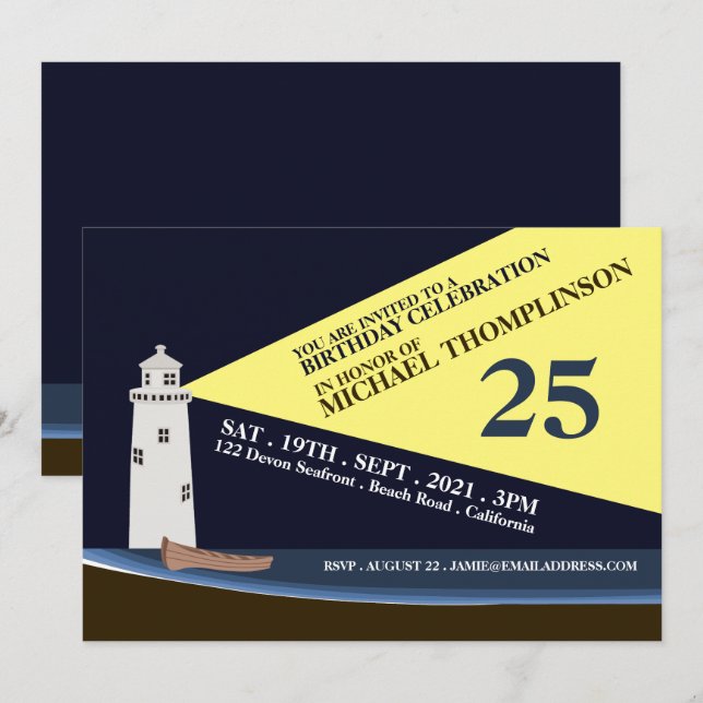 Lighthouse at Night, Beach Birthday Party Invitation (Front/Back)