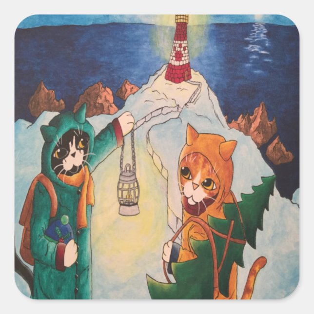 Lighthouse at Night Cats Rectangular Sticker (Front)