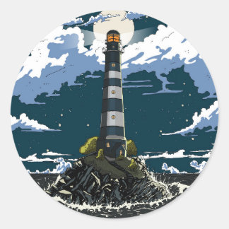 Lighthouse At Night Classic Round Sticker