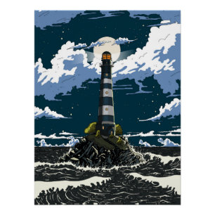 Lighthouse At Night Poster