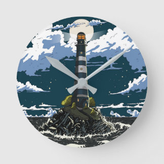 Lighthouse At Night Round Clock