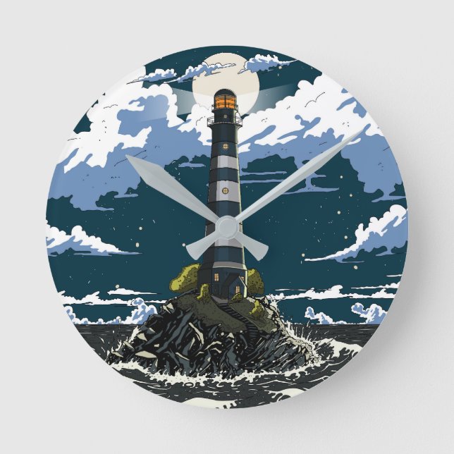 Lighthouse At Night Round Clock (Front)