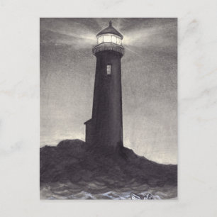 Lighthouse at night shining a navigation light postcard