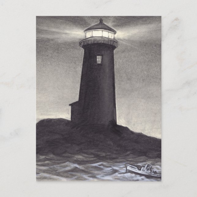 Lighthouse at night shining it's navigation light postcard (Front)