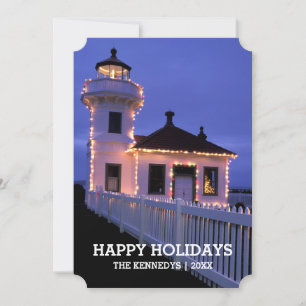 Lighthouse at Night with Christmas Lights Holiday Card