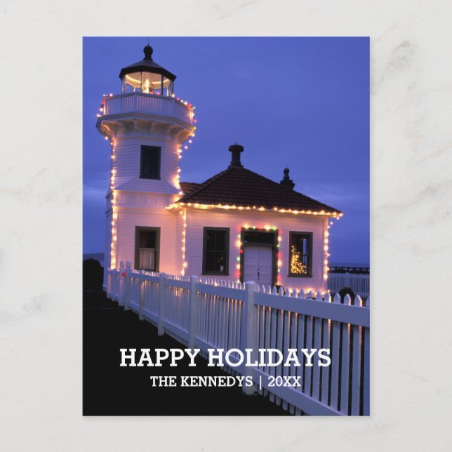 Lighthouse at Night with Christmas Lights Holiday Postcard (Front)