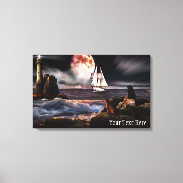 Lighthouse at Night with Giant Moon Canvas Print (Front)