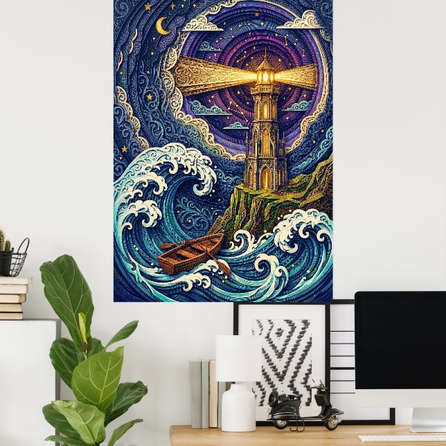 lighthouse at night with waves poster (Home Office)