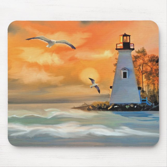 Lighthouse at Ocean Sunset and Seagulls Mouse Mat (Front)