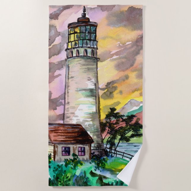 Lighthouse at Sunset Beach Towel (Front)