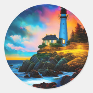 Lighthouse at Sunset Classic Round Sticker